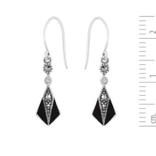 Orecchini Pendenti e Pendenti Ventaglio Stile Art Deco Argento 925 Marcasite Rotondo e Smalto Nero