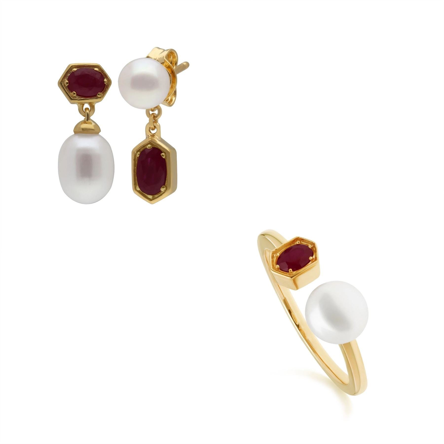 Modern Pearl & Ruby Ring & Earring Set in Gold Plated Sterling Silver