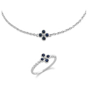 Anello in argento 925 con trifoglio floreale e bracciale con zaffiro rotondo