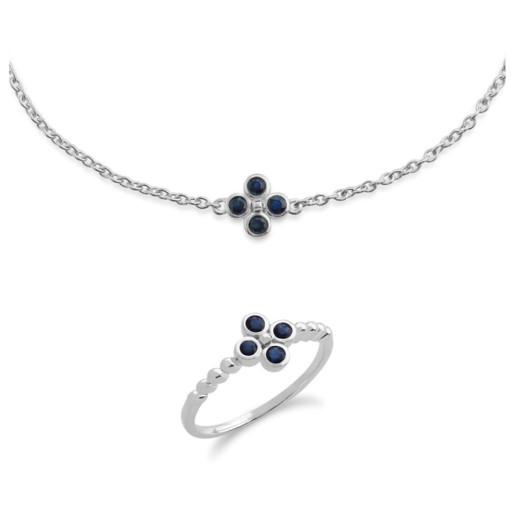 Anello in argento 925 con trifoglio floreale e bracciale con zaffiro rotondo
