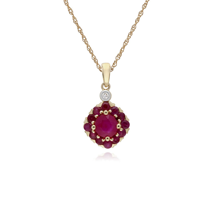 Pendente con montatura quadrata in oro giallo da 9 ct con rubini e diamanti su catena da 45 cm