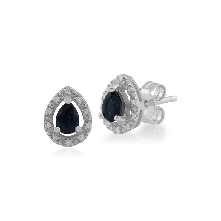 Anello e orecchini classici a bottone in oro bianco 375 con zaffiro a pera e alone di diamanti