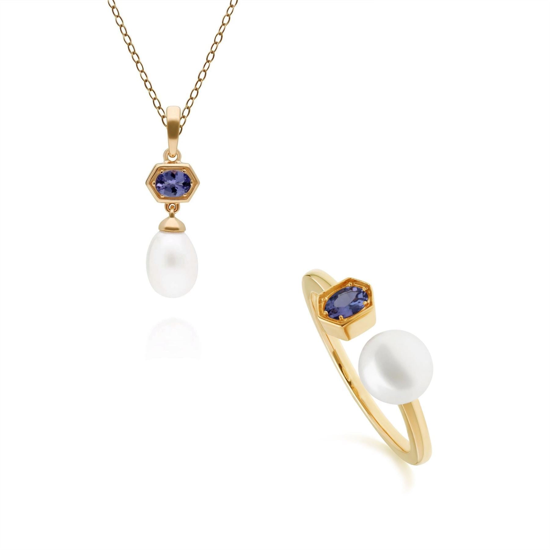 Modern Pearl & Tanzanite Pendant & Ring Set in Gold Plated Sterling Silver