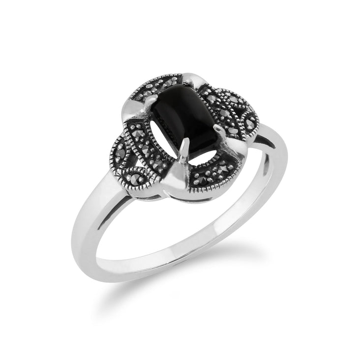 Gemondo Anello Art Déco, Argento sterling 925 da 0,50 ct Anello Art Déco con onice nero e marcasite