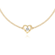 Bracciale con diamanti, bracciale in oro giallo da 9 ct con pietra singola con diamante rotondo e cuore da 19 cm