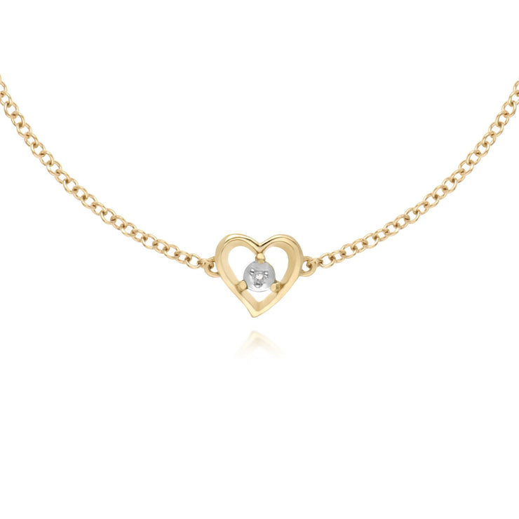 Bracciale con diamanti, bracciale in oro giallo da 9 ct con pietra singola con diamante rotondo e cuore da 19 cm