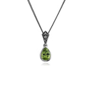 Collana in stile Art Déco Argento 925 con pera di peridoto e montatura con borchie di marcasite
