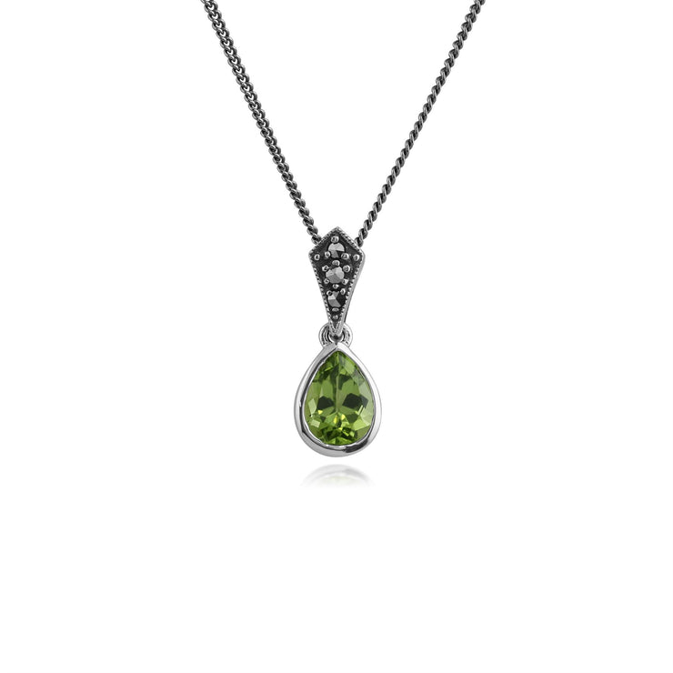 Collana in stile Art Déco Argento 925 con pera di peridoto e montatura con borchie di marcasite