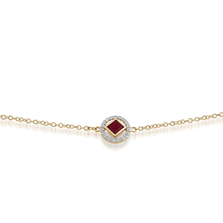 Classico bracciale stile Halo in oro giallo 375 con rubini quadrati e diamanti