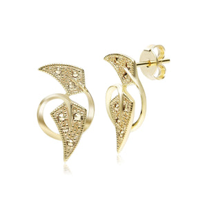 Art Nouveau Inspired Marcasite Leaf Earrings in 18ct Gold Plated Silver