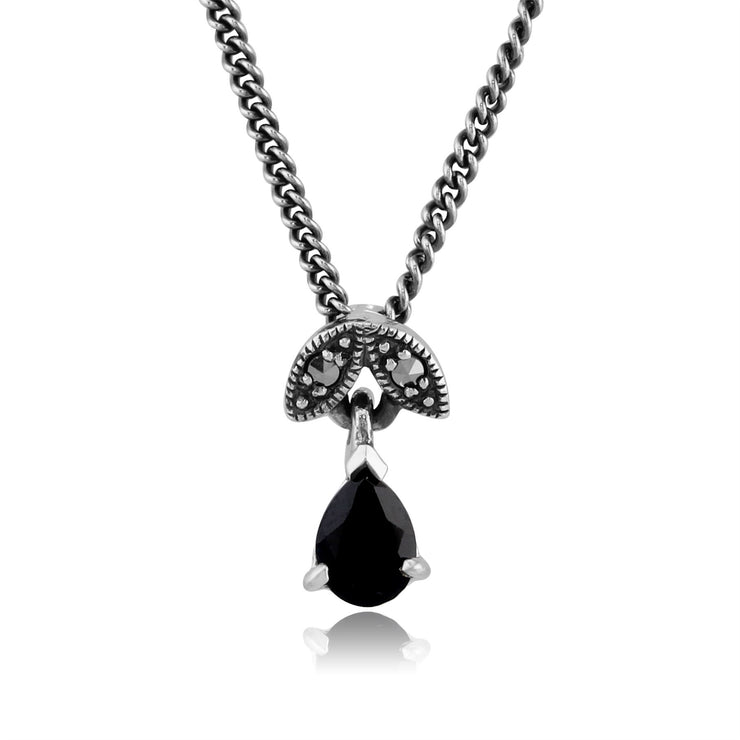 Ciondolo in stile Art Nouveau in argento 925 con zaffiro a pera e marcasite