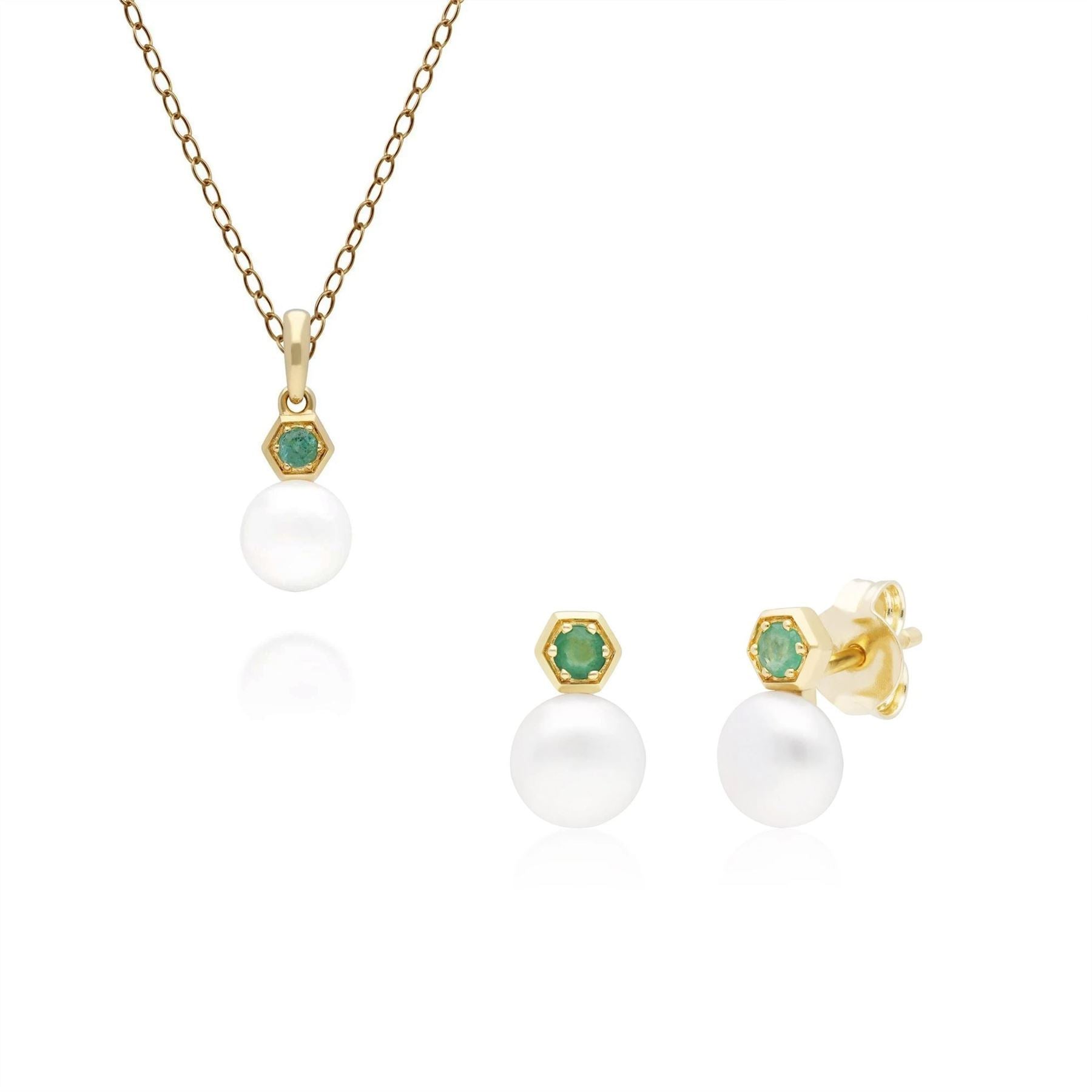 Modern Pearl & Emerald Pendant & Earring Set in 9ct Yellow Gold