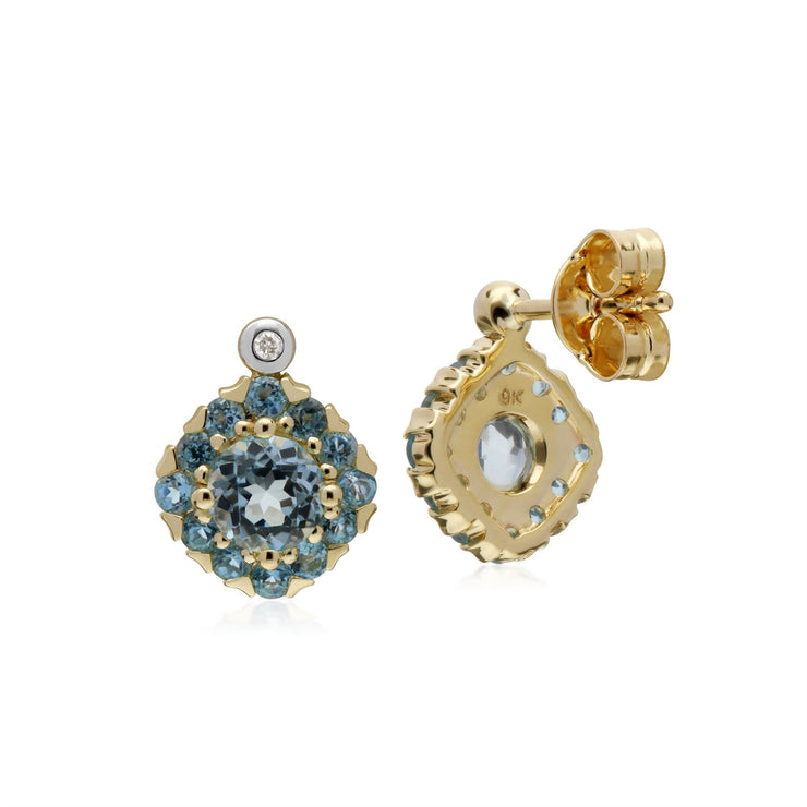 s Orecchini a bottone a grappolo di diamanti quadrati rotondi in oro giallo da 9 ct con topazio azzurro