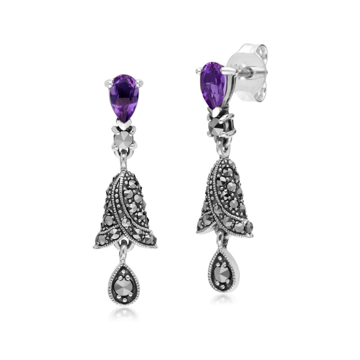 Orecchini pendenti con campana in argento sterling, ametista e marcasite