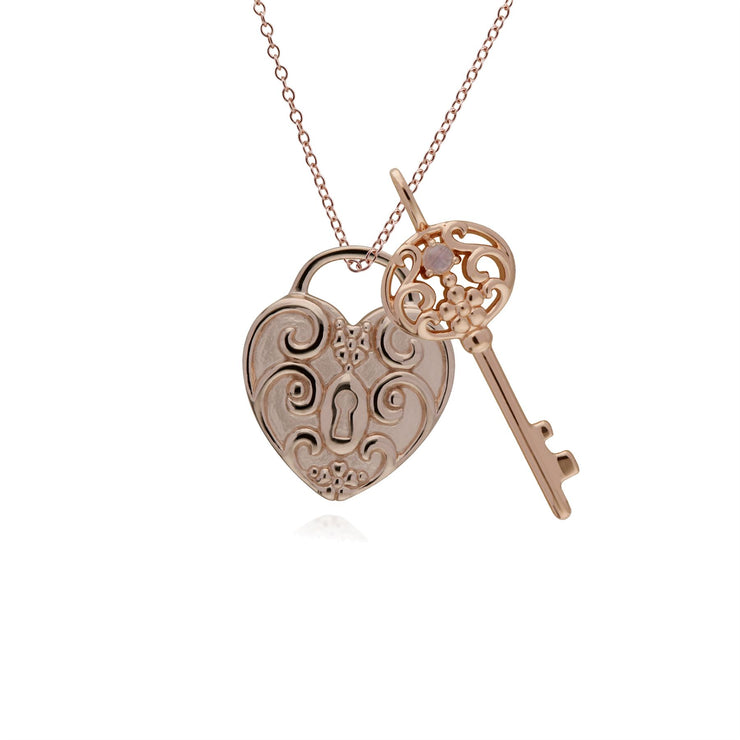 Ciondolo classico con lucchetto a cuore intrecciato in argento 925 placcato oro rosa e grandi ciondoli chiave in pietra di luna arcobaleno