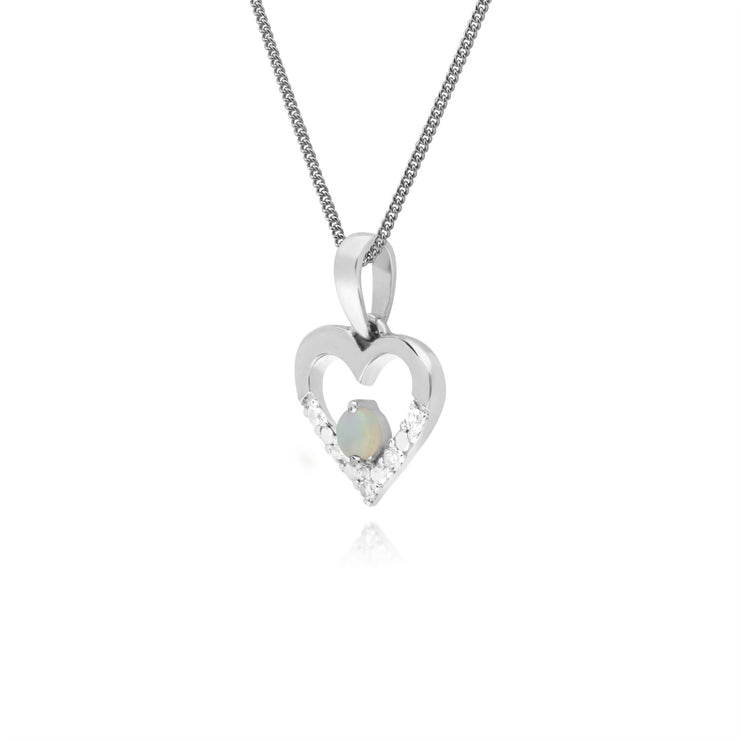 Ciondolo a forma di cuore con opale e diamanti in oro bianco da 9 ct su catena da 45 cm