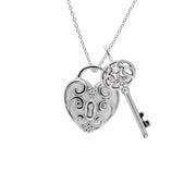 Classico ciondolo con lucchetto a cuore intrecciato in argento 925 e grandi ciondoli con perline chiave