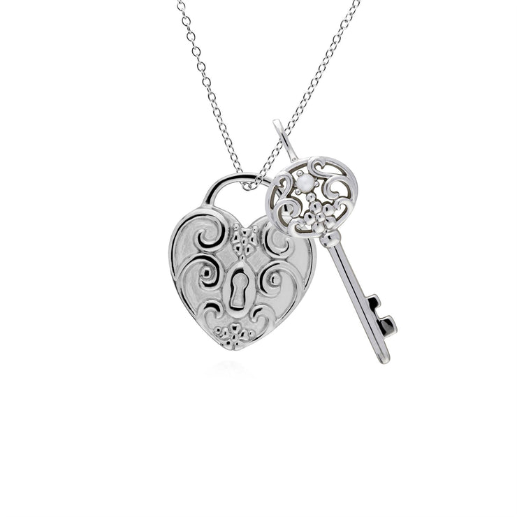 Classico ciondolo con lucchetto a cuore intrecciato in argento 925 e grandi ciondoli con perline chiave