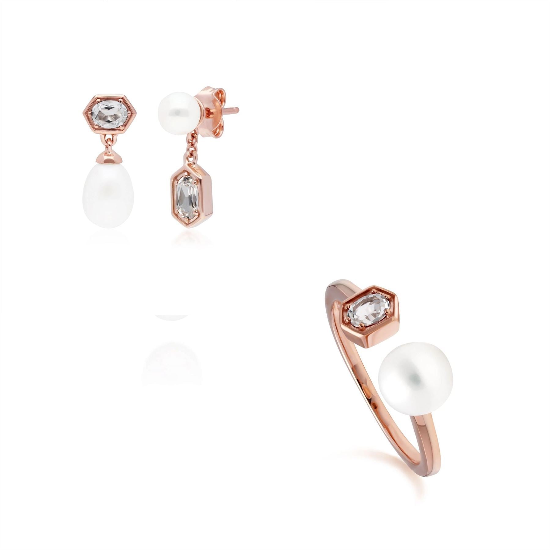 Modern Pearl & Tanzanite Earring & Ring Set in Rose Gold Plated Sterling Silver