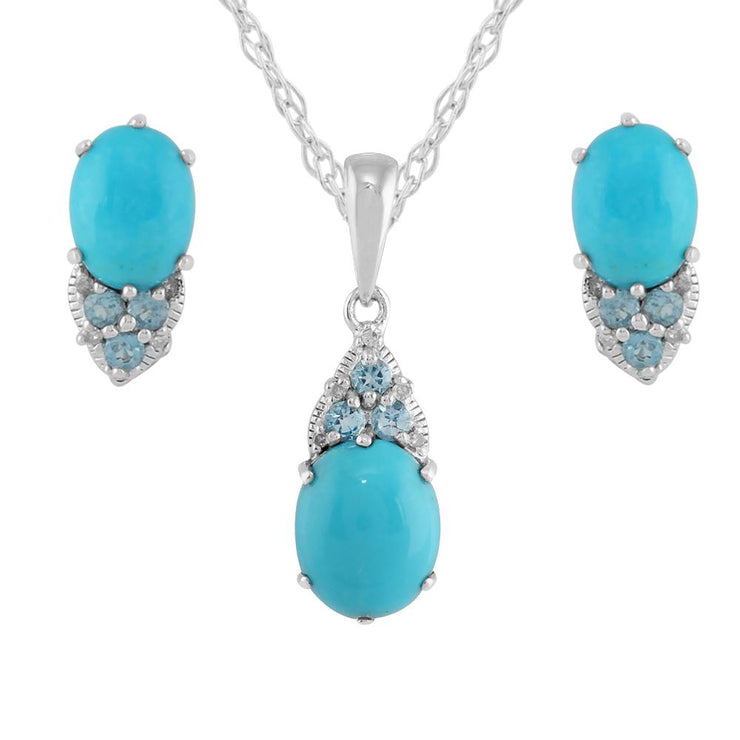 Orecchini pendenti e a bottone in stile Art Nouveau in argento 925 con turchese ovale e topazio rotondo