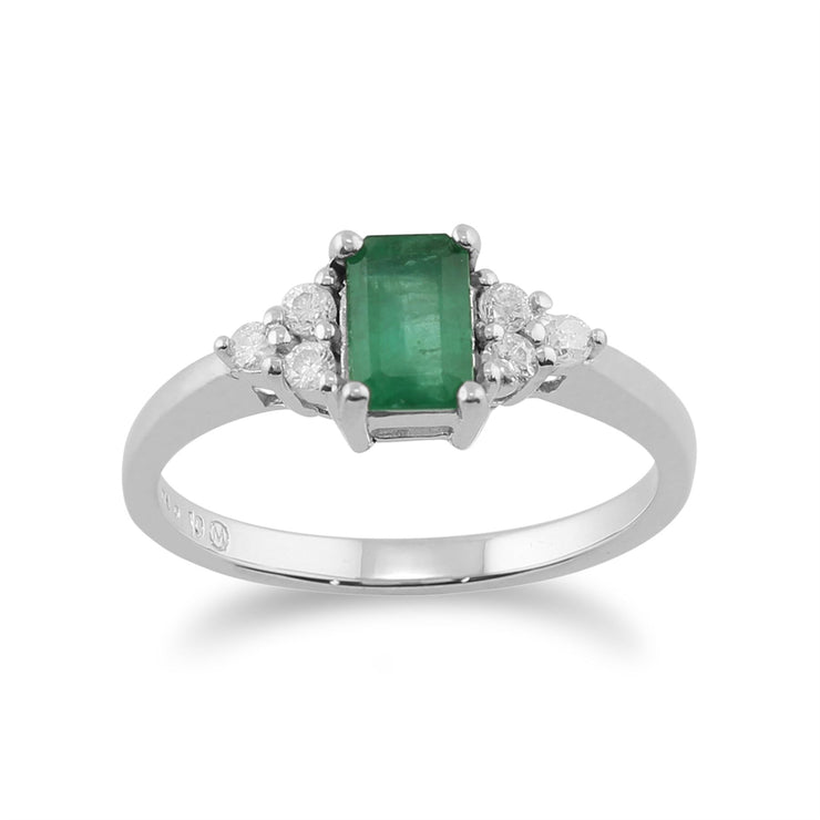 Anello semplice in oro bianco da 9 ct con smeraldo naturale da 0,53 ct e pietra di diamante