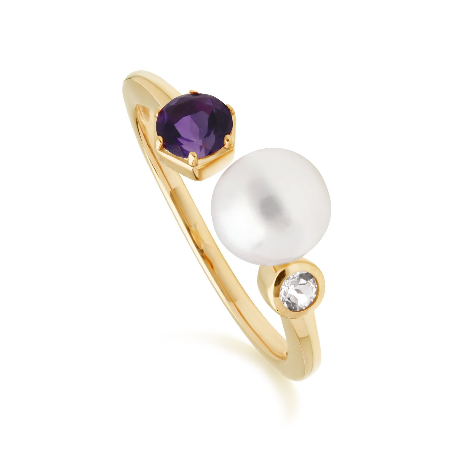 Anello Aperto moderno con perla, ametista e topazio in argento sterling placcato oro