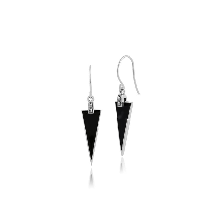 Orecchini Pendenti Triangolari At Déco Style Argento 925 Smalto Nero e Marcasite