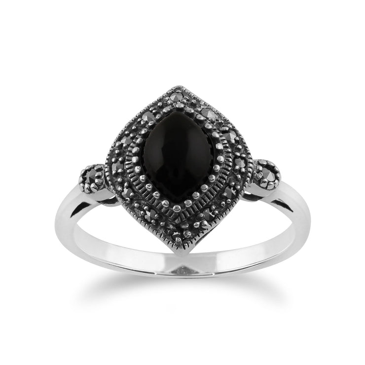 Anello Art Déco Gemondo, anello Art Déco in argento sterling 925 da 1,00 carati con onice nero e marcasite