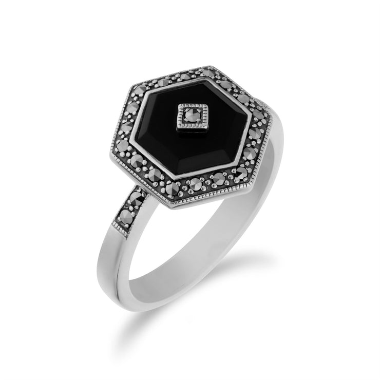 Gemondo Anello esagonale da donna in argento sterling con onice nero e marcasite - Onice