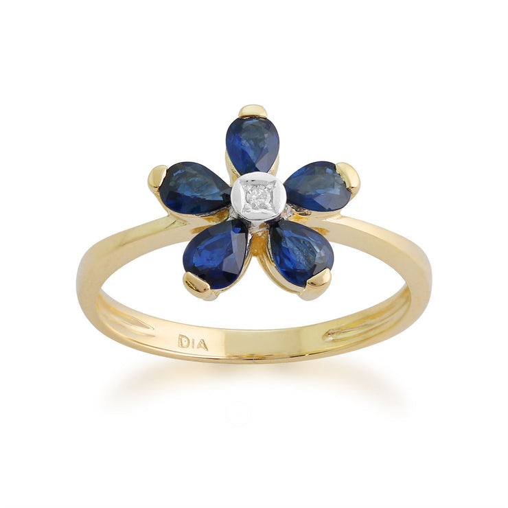 Anello floreale in oro giallo 375 con zaffiro e diamanti