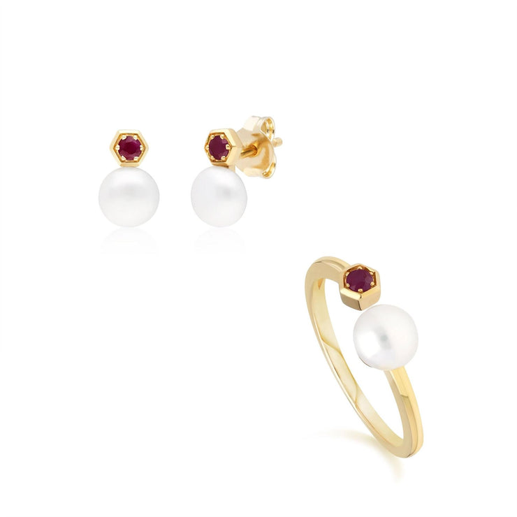 Anello e orecchini con perla moderna in oro giallo 375, rubino e perla