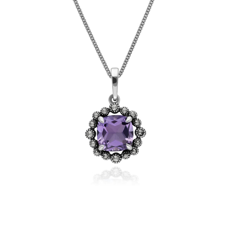 Collana con ametista, cuscino in argento sterling con ametista e marcasite in stile Art Nouveau, collana da 45 cm