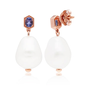 Modern Baroque Pearl & Tanzanite Drop Earrings in Rose Gold Plated Sterling Silver