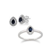 Anello e orecchini classici a bottone in oro bianco 375 con zaffiro a pera e alone di diamanti