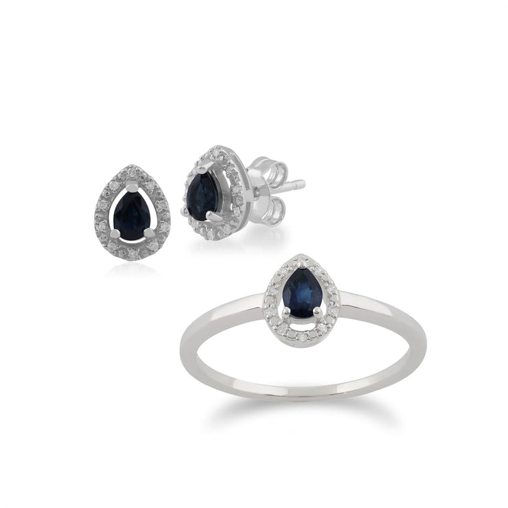 Anello e orecchini classici a bottone in oro bianco 375 con zaffiro a pera e alone di diamanti