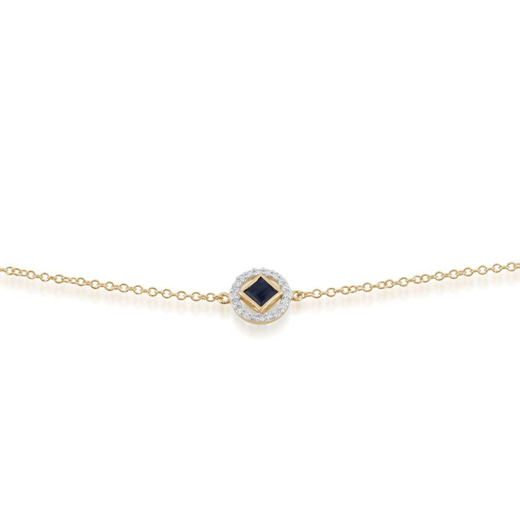 Classico bracciale stile Halo in oro giallo 375 con zaffiri quadrati e diamanti