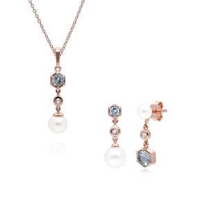Modern Pearl, Aquamarine & Topaz Pendant & Earring Set in Rose Gold Plated Sterling Silver