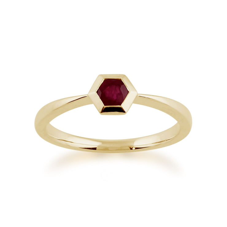 Anello con rubino Gemondo, anello esagonale con rubino da 0,27 ct in oro giallo da 9 ct