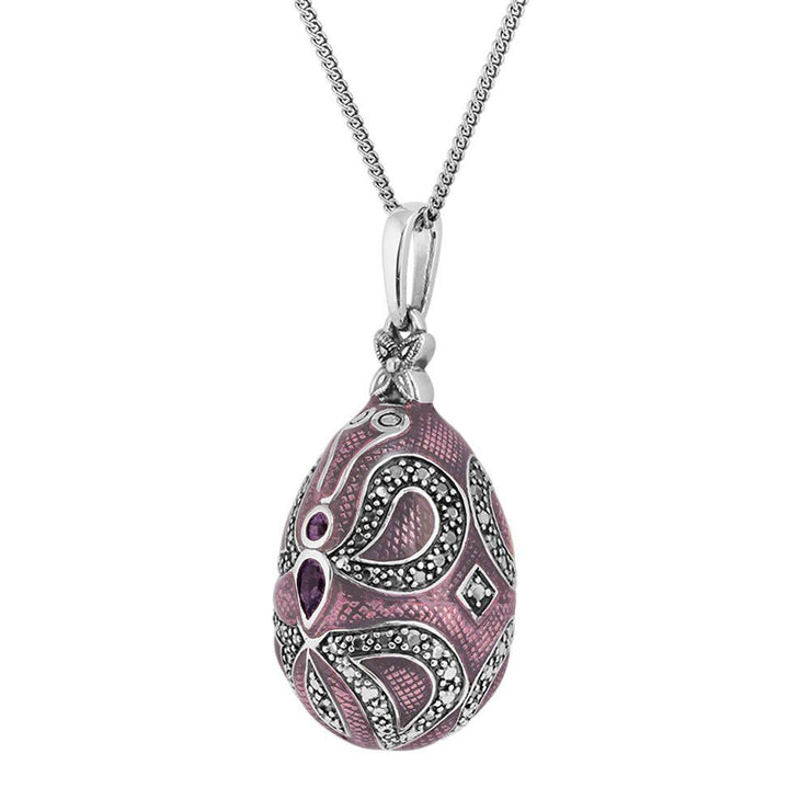 Ciondolo a forma di uovo Fabergé in stile Art Nouveau in argento 925 con ametista