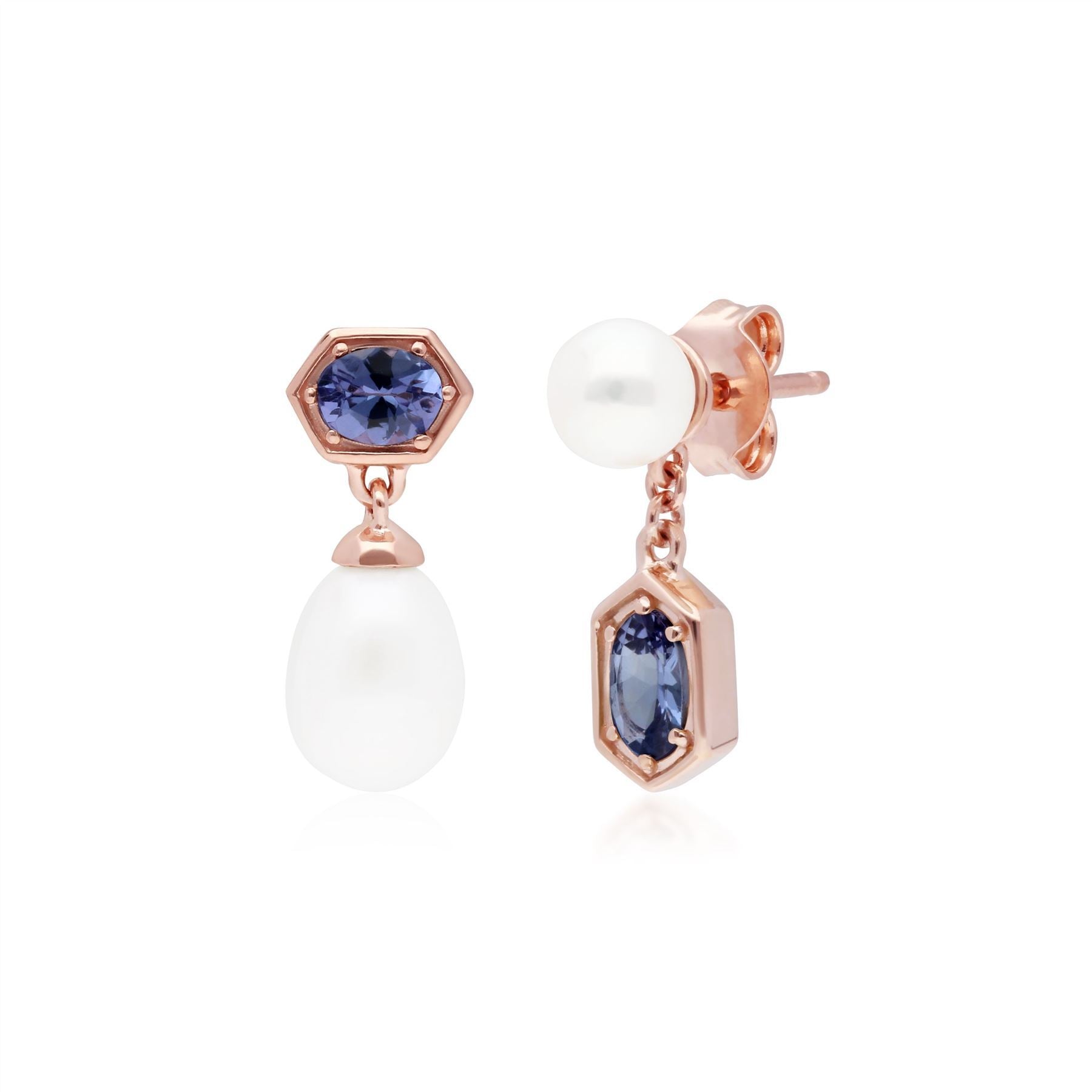Modern Pearl & Tanzanite Mismatched Drop Earrings in Rose Gold Plated Sterling Silver