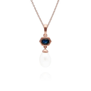 Modern Pearl & Sapphire Ring & Pendant Set in Rose Gold Plated Sterling Silver