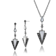 Collana a strascico e orecchini pendenti in stile Art Deco Argento 925 Madreperla e marcasite