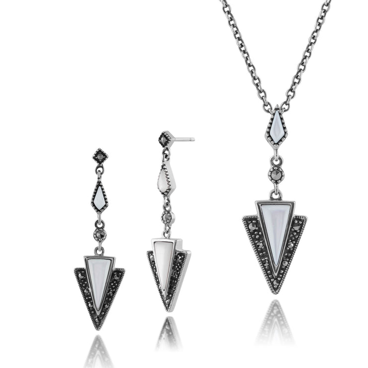 Collana a strascico e orecchini pendenti in stile Art Deco Argento 925 Madreperla e marcasite