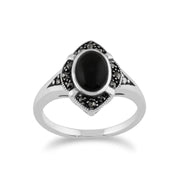 Anello art deco gemondo, argento sterling 925 da 1,00 carati, onice nero e marcasite, anello art deco