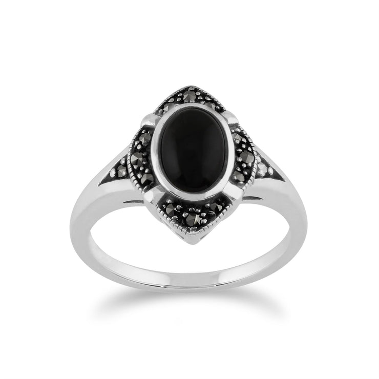 Anello art deco gemondo, argento sterling 925 da 1,00 carati, onice nero e marcasite, anello art deco