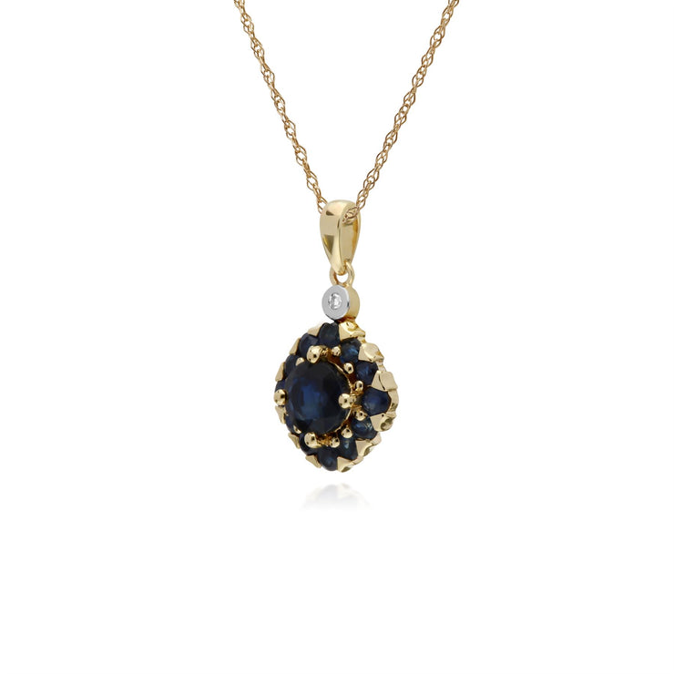 Pendente con montatura quadrata in oro giallo da 9 ct con zaffiri e diamanti su catena da 45 cm