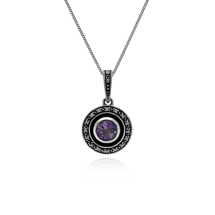 Collana con ametista, argento sterling con ametista, marcasite e smalto nero, collana da 45 cm