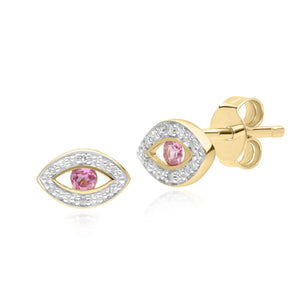 ECFEW™ Delicati Orecchini Evil Eye con tormalina rosa e diamanti in oro giallo da 9 carati