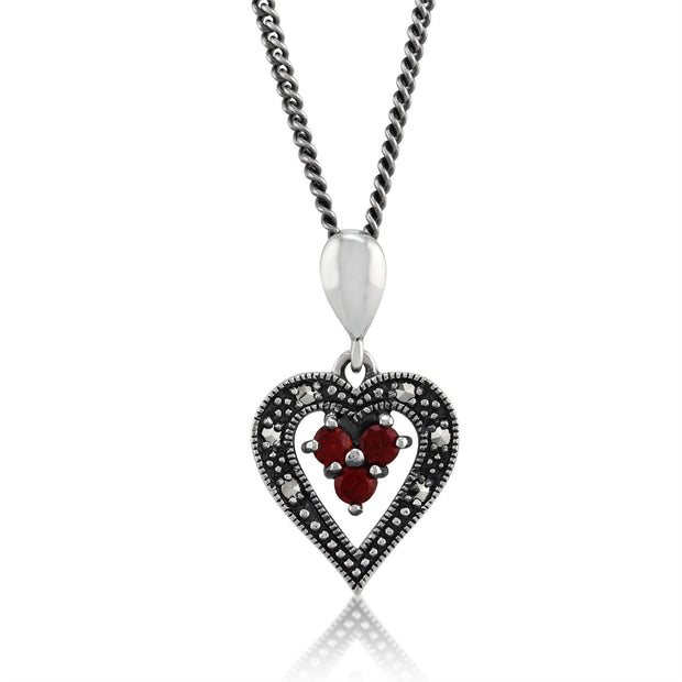 Ciondolo a cuore in stile Art Déco e orecchini pendenti in argento 925 con granato rotondo e marcasite