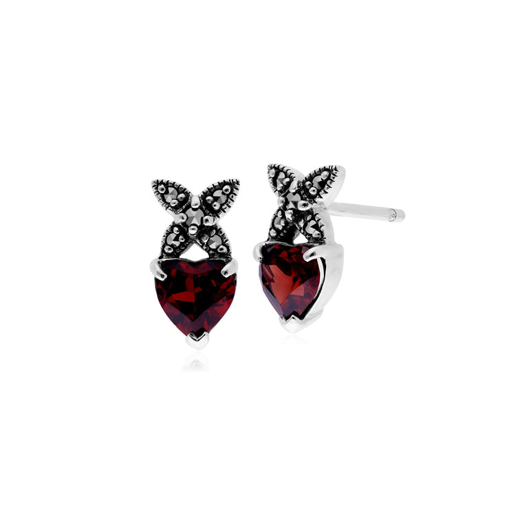 Orecchini classici a forma di cuore in argento 925 con granato e marcasite